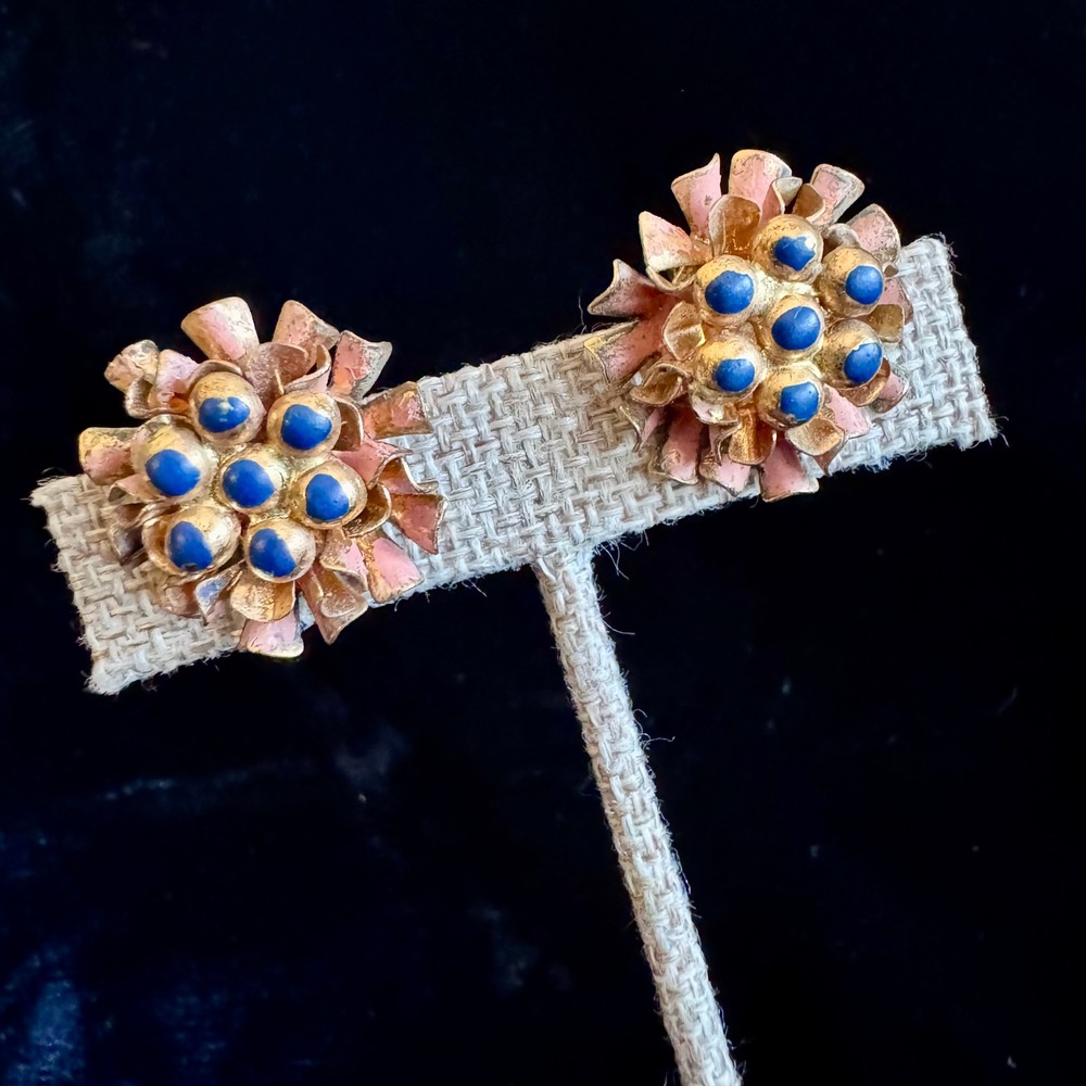 Vintage Gold Tone Clip On Earrings Enamel Blue Rose Floral Sunburst Retro Garden